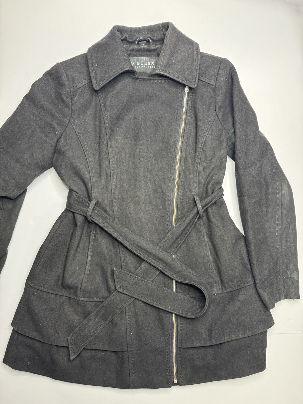 GUESS Womens L Black Wool Blend Asymmetrical Zip Belted Fit Flare Winter Coat